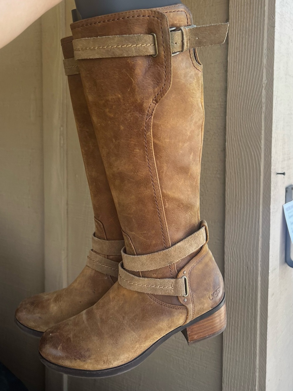 UGG Tan Leather Knee-High Heeled Riding Boots